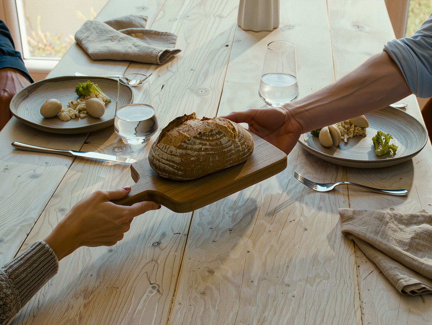 A bread board passed across a shared work lunch on an oak table