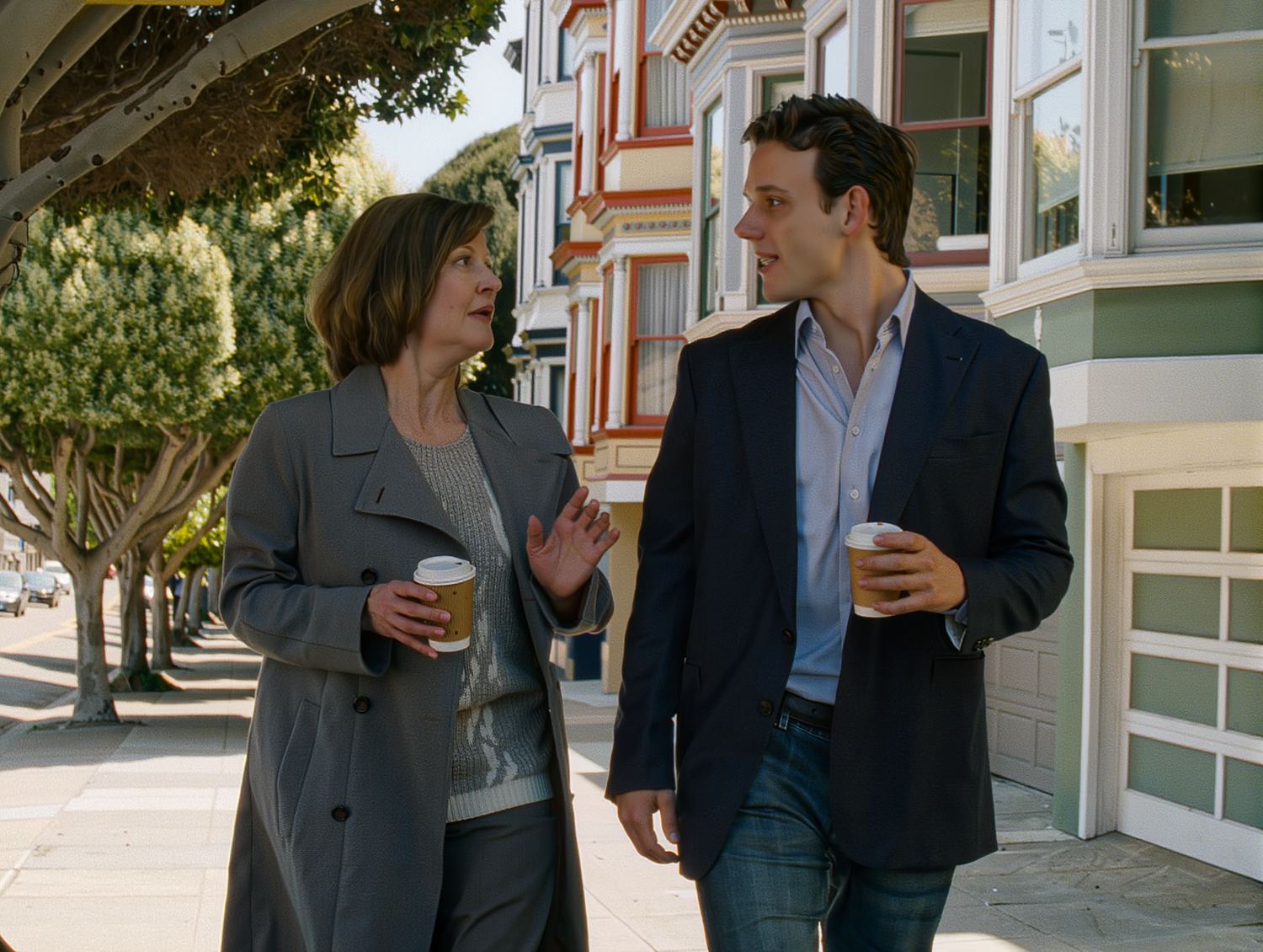 A manager and an early-career report talk over coffee on a sunny San Francisco sidewalk